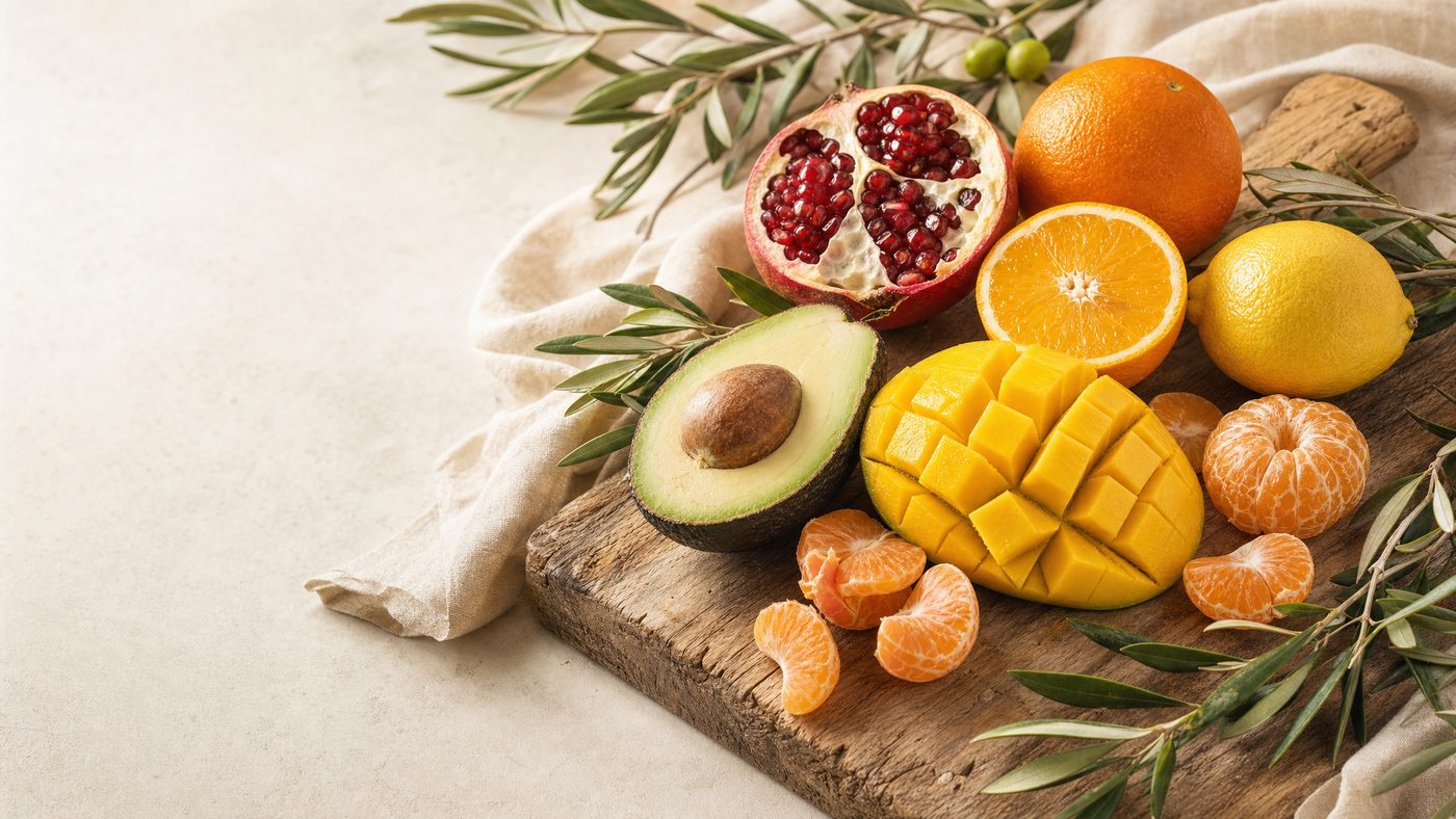 Bodegón de fruta ecológica Asem-bio: aguacates Hass, mangos, naranjas, limones y mandarinas sobre tabla de madera con luz natural mediterránea