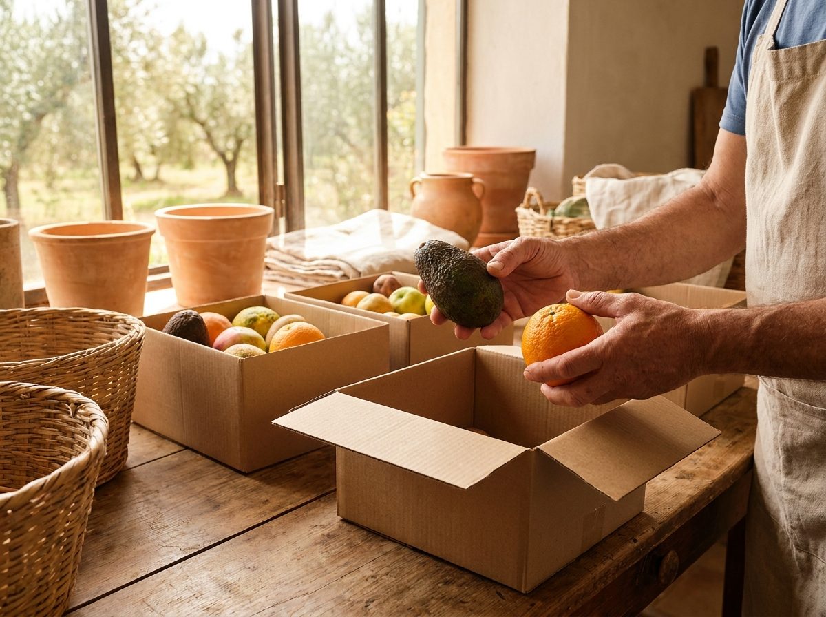 Manos preparando cajas kraft con fruta, pieza a pieza